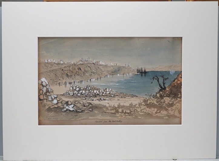 A set three ink and watercolours on paper, to include ‘Inkerman, City of Caverns’, each is mounted, each signed William Simpson, largest 18 x 31cm, unframed. Condition - fair